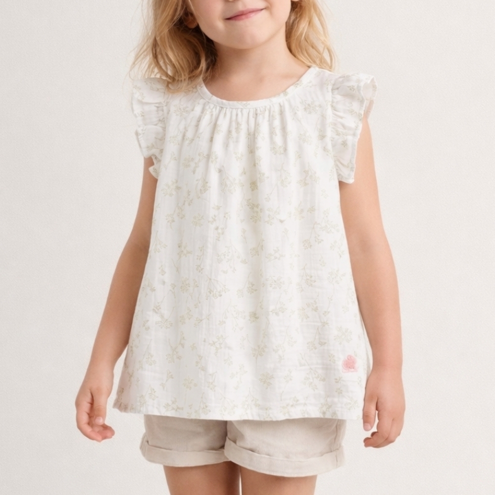Babycottons Emily Flutter Sleeve Blouse White Floral Girls Size 4 Boho Cottage